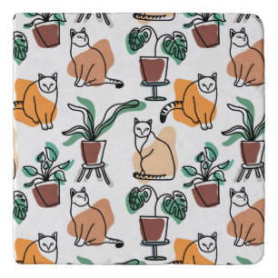 Line art drawing cats and flowers trivet