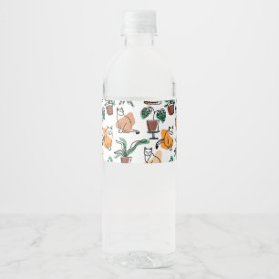 Line art drawing cats and flowers water bottle label