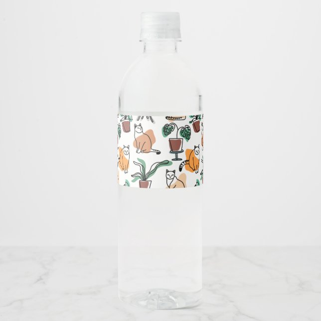 Line art drawing cats and flowers water bottle label (Front)