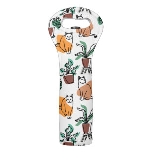 Line art drawing cats and flowers wine bag