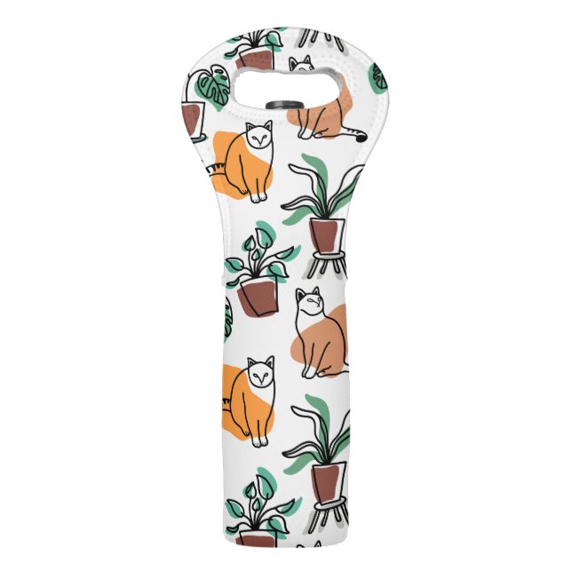 Line art drawing cats and flowers wine bag (Front)