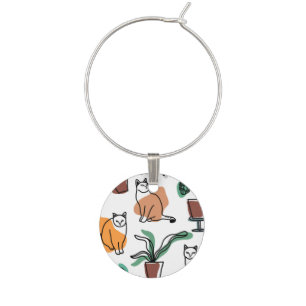 Line art drawing cats and flowers wine charm