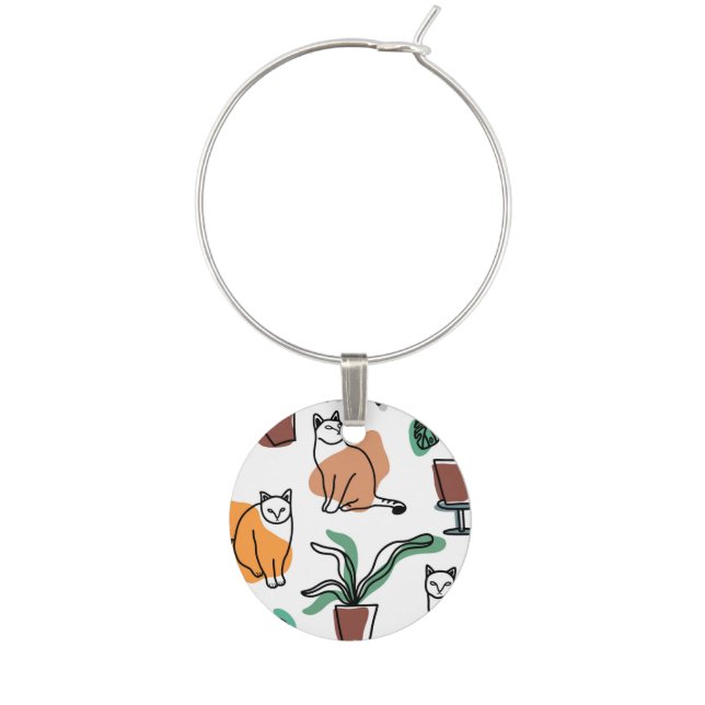 Line art drawing cats and flowers wine charm (Front)