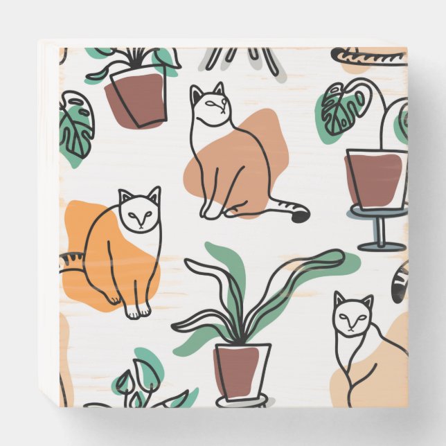 Line art drawing cats and flowers wooden box sign (Front Horizontal)