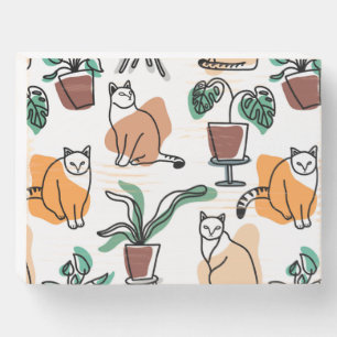 Line art drawing cats and flowers wooden box sign