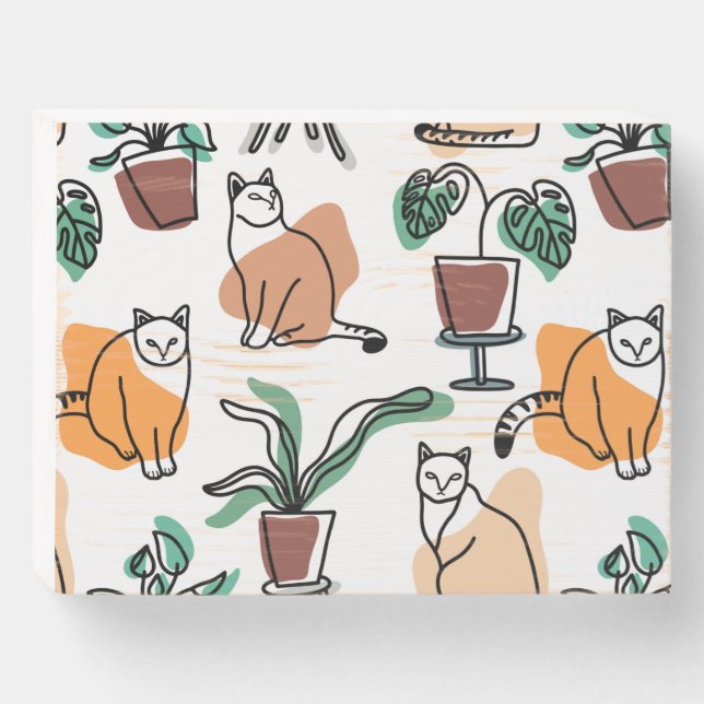 Line art drawing cats and flowers wooden box sign (Front Horizontal)