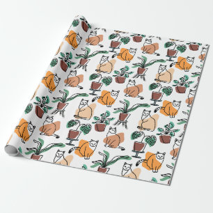 Line art drawing cats and flowers wrapping paper