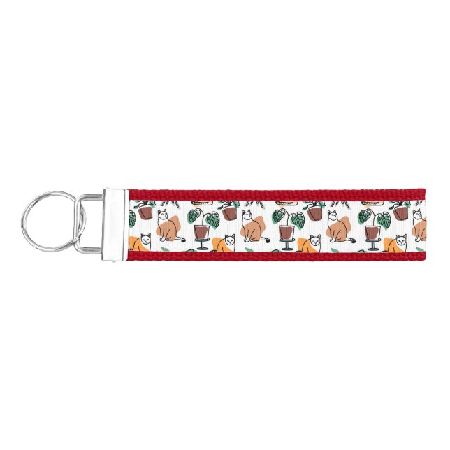 Line art drawing cats and flowers wrist keychain (Keys on Left)