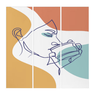 line art drawing poster of woman drinking coffee