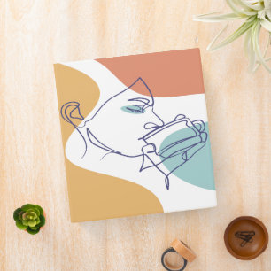 line art drawing poster of woman drinking coffee 3 ring binder