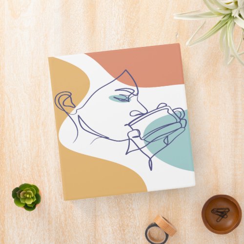 line art drawing poster of woman drinking coffee   3 ring binder