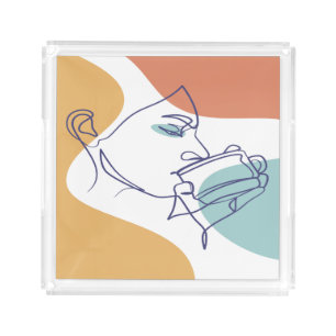 line art drawing poster of woman drinking coffee  acrylic tray