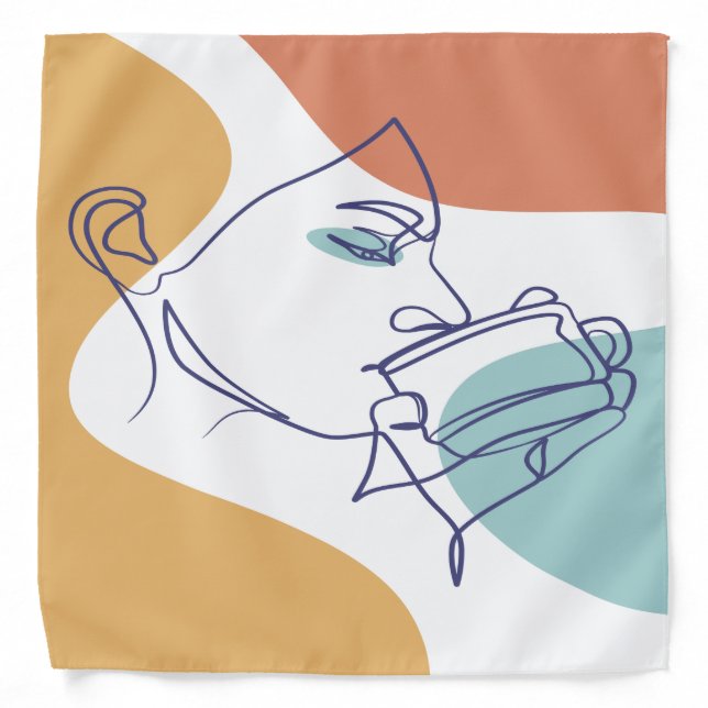 line art drawing poster of woman drinking coffee   bandana (Front)
