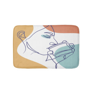 line art drawing poster of woman drinking coffee bath mat