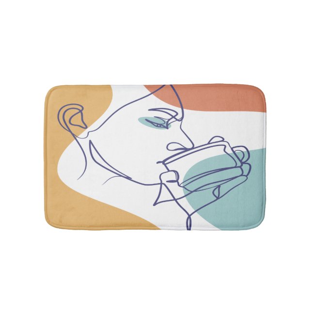 line art drawing poster of woman drinking coffee  bath mat (Front)
