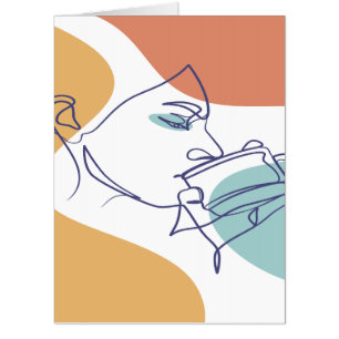 line art drawing poster of woman drinking coffee   card