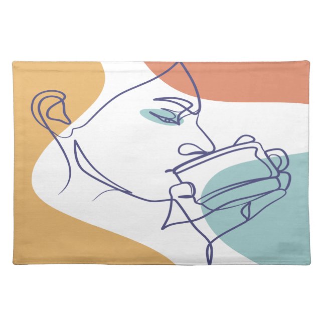 line art drawing poster of woman drinking coffee  cloth placemat (Front)