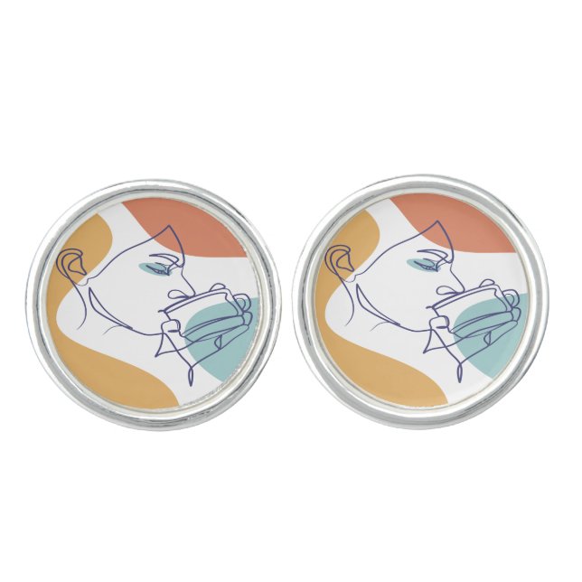 line art drawing poster of woman drinking coffee  cufflinks (Front)