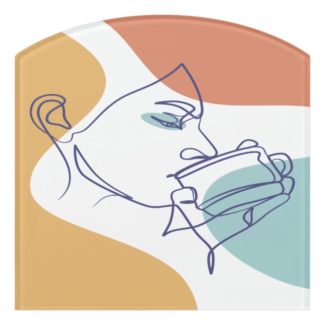 line art drawing poster of woman drinking coffee  door sign (Contour Front)