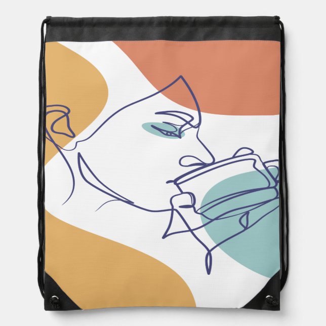 line art drawing poster of woman drinking coffee  drawstring bag (Front)