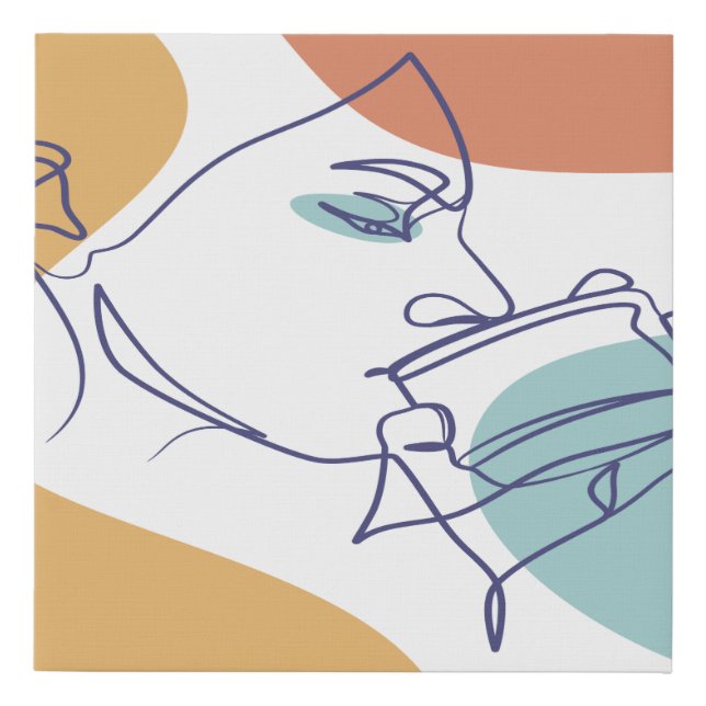 line art drawing poster of woman drinking coffee   faux canvas print (Front)