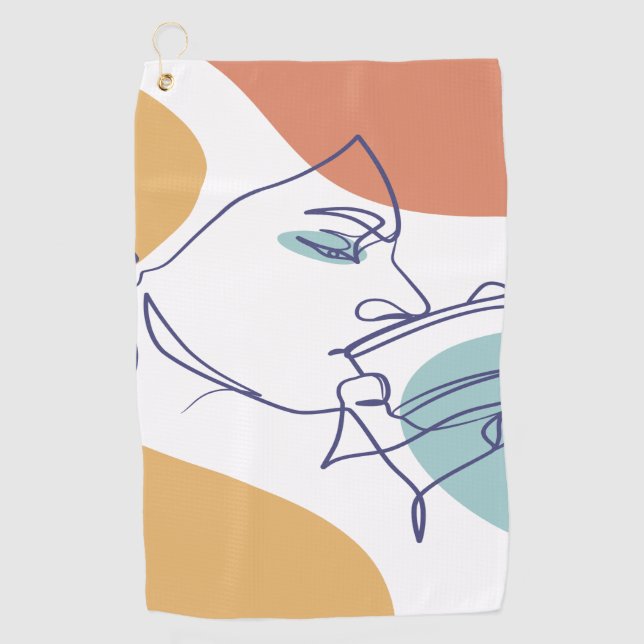 line art drawing poster of woman drinking coffee   golf towel (Front)