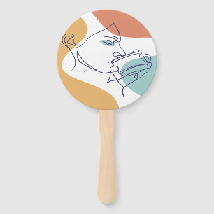 line art drawing poster of woman drinking coffee hand fan