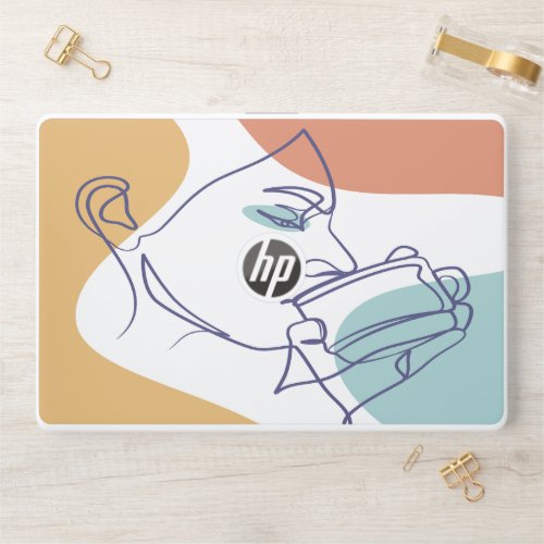 line art drawing poster of woman drinking coffee  HP laptop skin