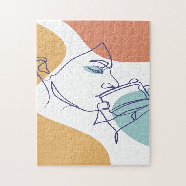 line art drawing poster of woman drinking coffee   jigsaw puzzle (Vertical)