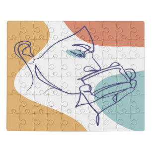 line art drawing poster of woman drinking coffee   jigsaw puzzle