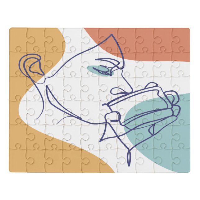 line art drawing poster of woman drinking coffee   jigsaw puzzle (Puzzle Horizontal)