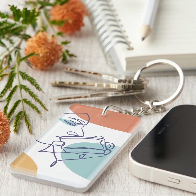 line art drawing poster of woman drinking coffee   keychain (Front Right)