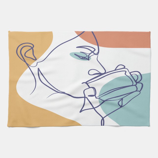 line art drawing poster of woman drinking coffee   kitchen towel (Horizontal)