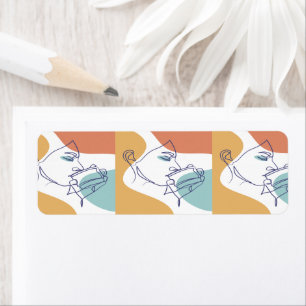 line art drawing poster of woman drinking coffee label