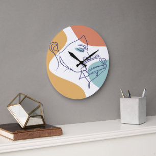 line art drawing poster of woman drinking coffee   large clock