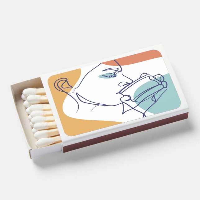 line art drawing poster of woman drinking coffee  matchboxes (Front Open)