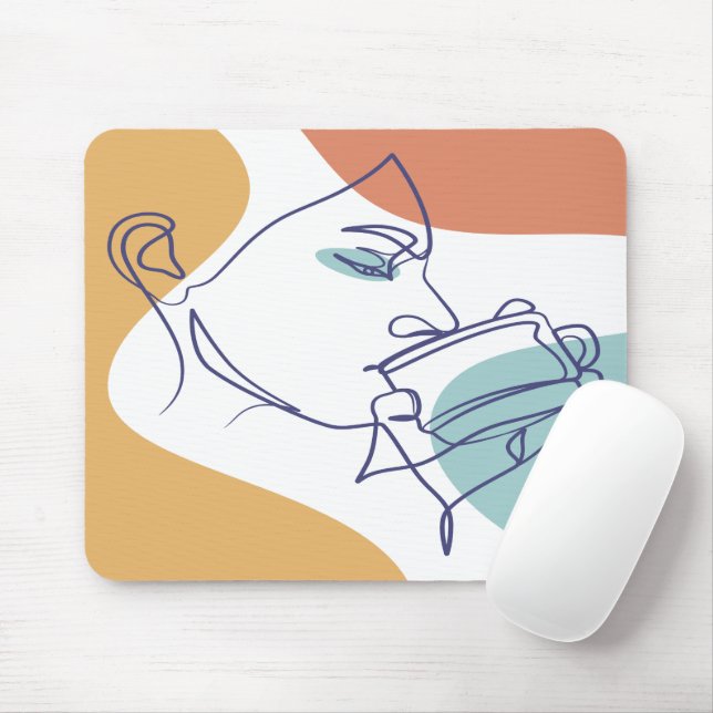 line art drawing poster of woman drinking coffee   mouse pad (With Mouse)