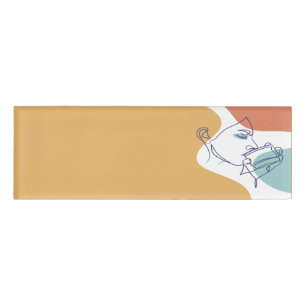 line art drawing poster of woman drinking coffee name tag