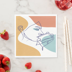line art drawing poster of woman drinking coffee napkins