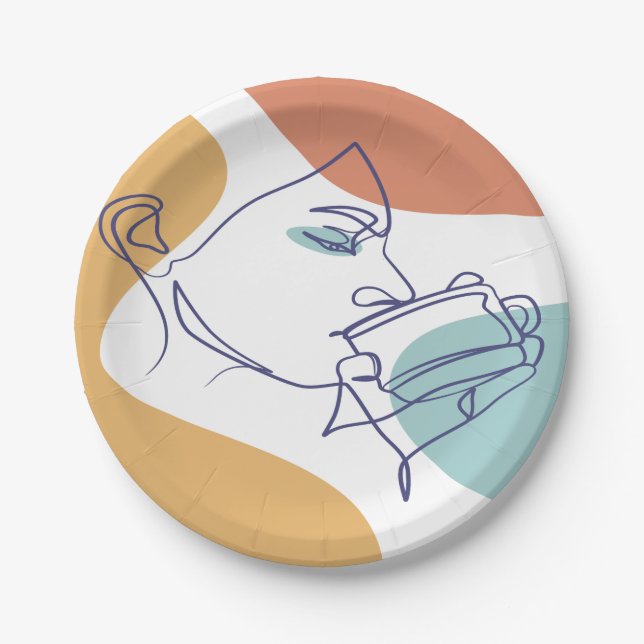 line art drawing poster of woman drinking coffee   paper plates (Front)