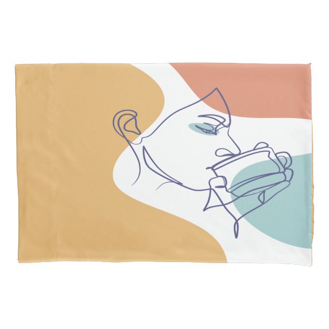 line art drawing poster of woman drinking coffee   pillow case (Front)