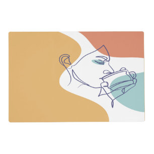 line art drawing poster of woman drinking coffee   placemat