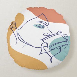 line art drawing poster of woman drinking coffee round pillow