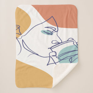 line art drawing poster of woman drinking coffee sherpa blanket