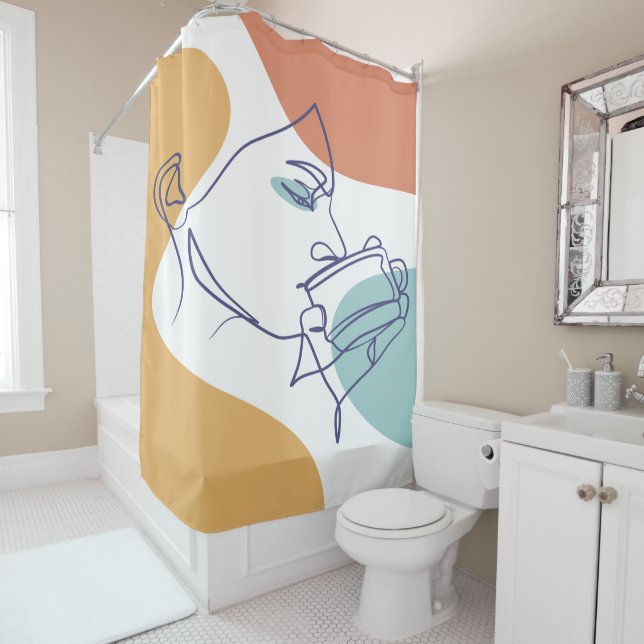 line art drawing poster of woman drinking coffee   shower curtain (In Situ)
