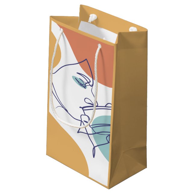 line art drawing poster of woman drinking coffee   small gift bag (Back Angled)