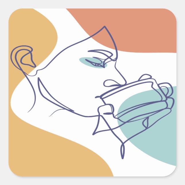 line art drawing poster of woman drinking coffee  square sticker (Front)