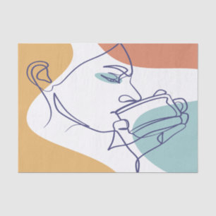 line art drawing poster of woman drinking coffee tissue paper