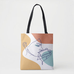 line art drawing poster of woman drinking coffee   tote bag