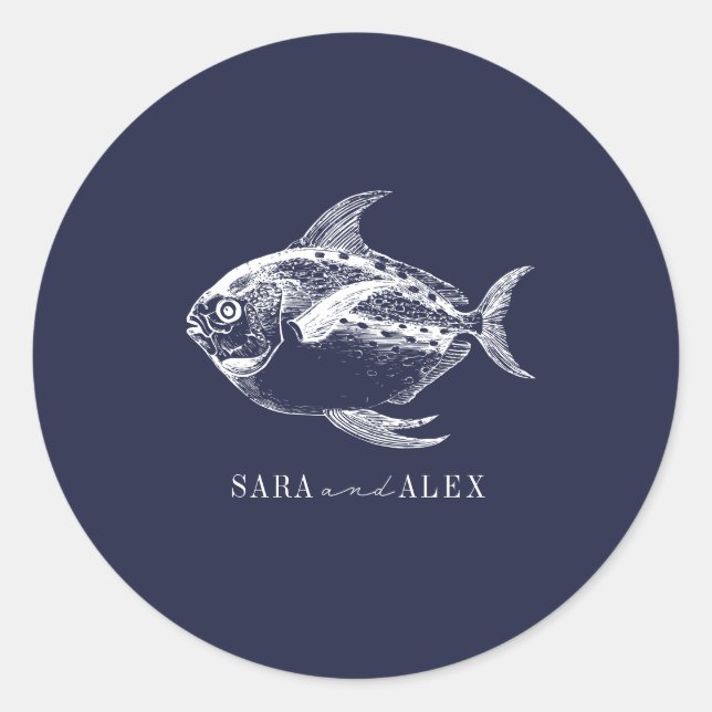 Line Art Fish Dark Blue Beach Wedding Classic Round Sticker (Front)